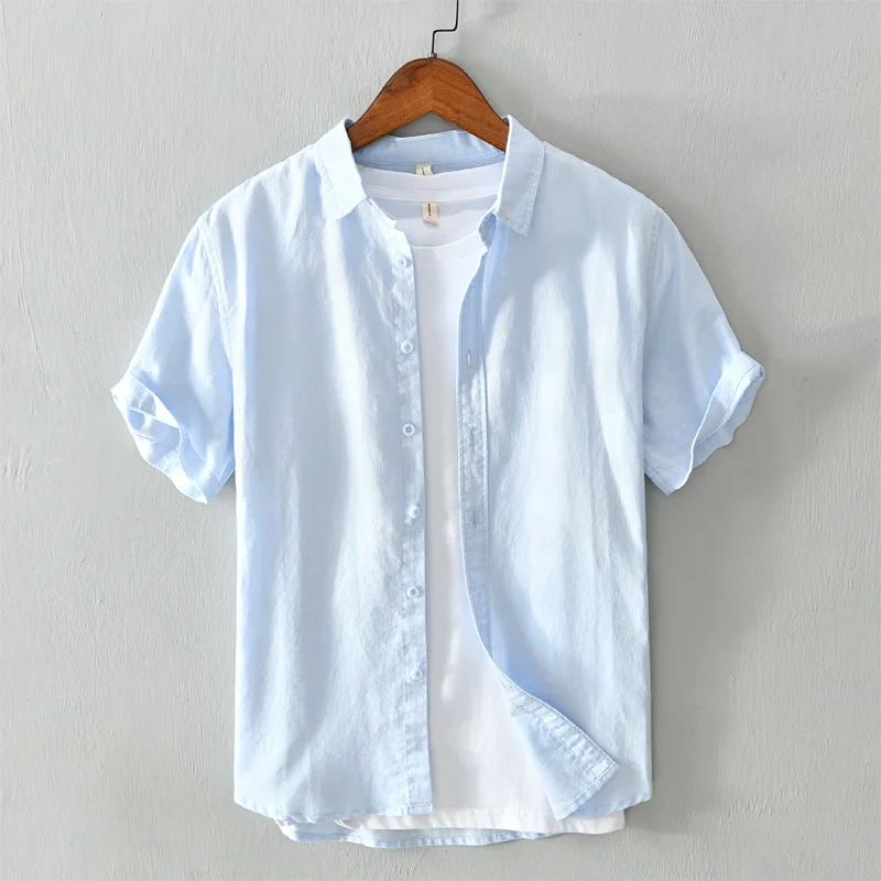 566 גברים דש המשרד לעסקים חולצות קיץ מוצק צבע כותנה פשתן מזדמן Workwear לנשימה כל-התאמה זכר עם שרוולים קצרים . ' - ' . 2