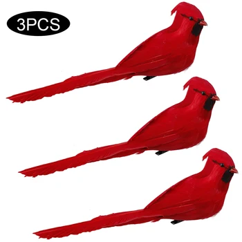 3Pcs מציאותי החשמן קליפ על עץ חג מולד קישוט דלת קישוטים עם האטבים נוצות אדומות מלאכותי ציפורים