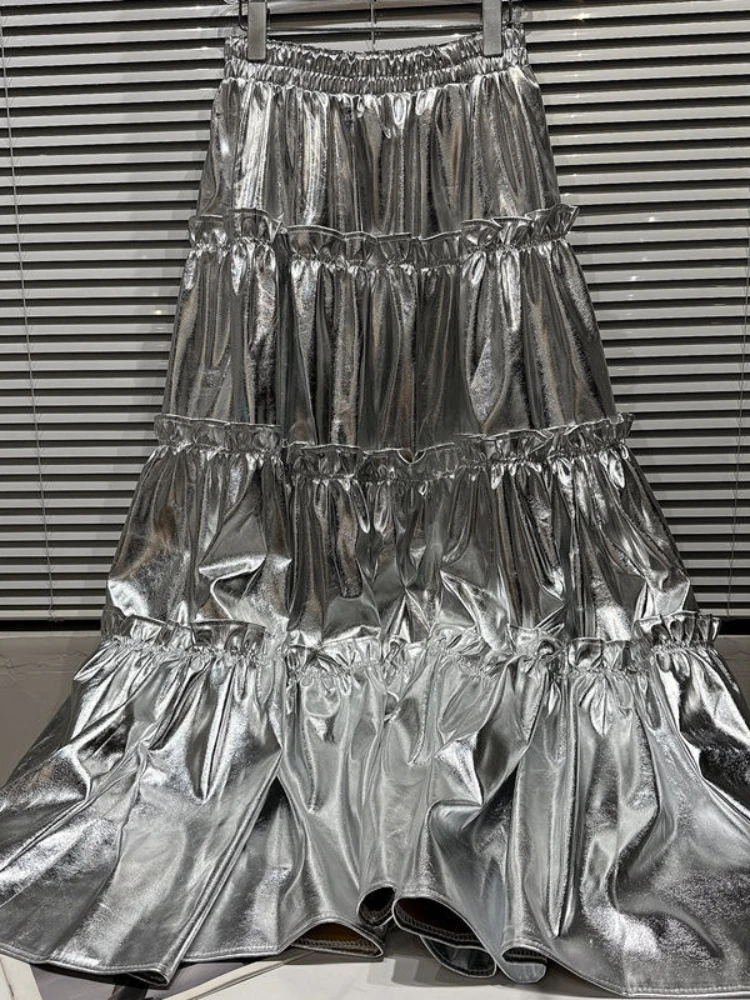 3-15 בנות סילבר pu החצאית הארוכה סתיו 2023 גרסה סופר סאן אלסטי גבוה מותן בינוני ילדים סילבר משטח מבריק שמלת עוגה . ' - ' . 2