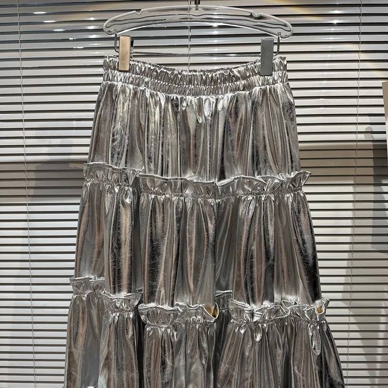 3-15 בנות סילבר pu החצאית הארוכה סתיו 2023 גרסה סופר סאן אלסטי גבוה מותן בינוני ילדים סילבר משטח מבריק שמלת עוגה . ' - ' . 3