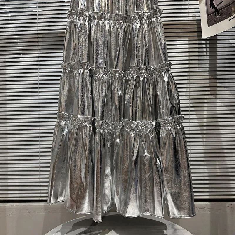 3-15 בנות סילבר pu החצאית הארוכה סתיו 2023 גרסה סופר סאן אלסטי גבוה מותן בינוני ילדים סילבר משטח מבריק שמלת עוגה . ' - ' . 5