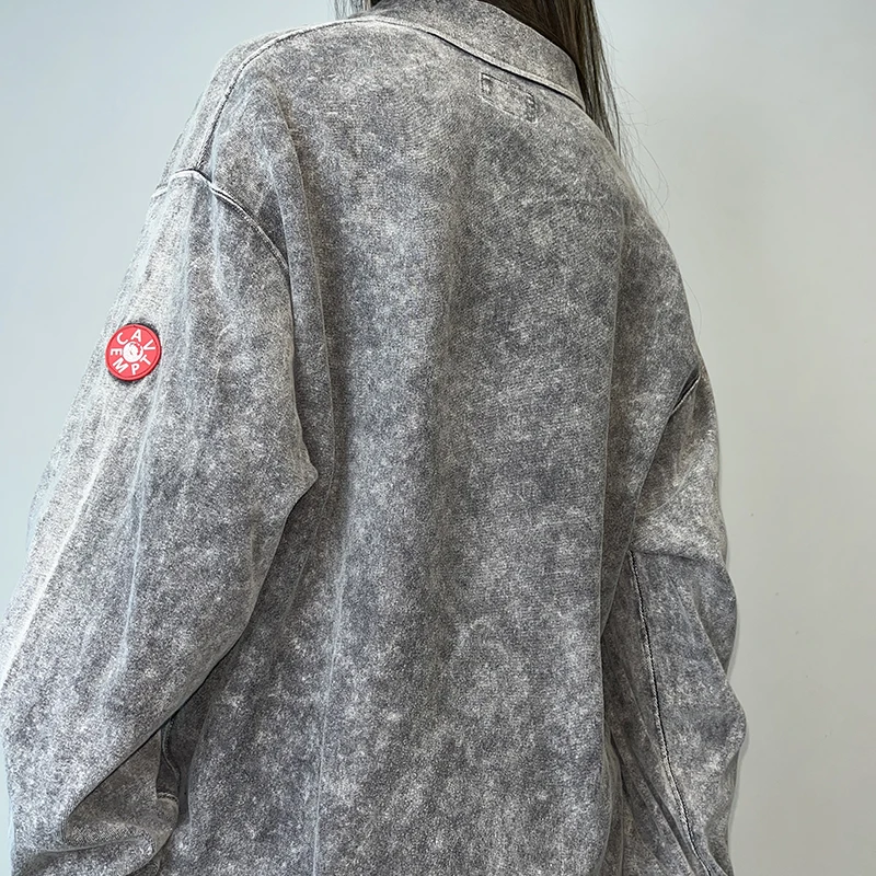 יפן Amekaji שרוול ארוך חולצות רקומות שטף מלוכלך אפור רב-תכליתי תחתית חופשי גברים ונשים החולצה מזדמנים . ' - ' . 5
