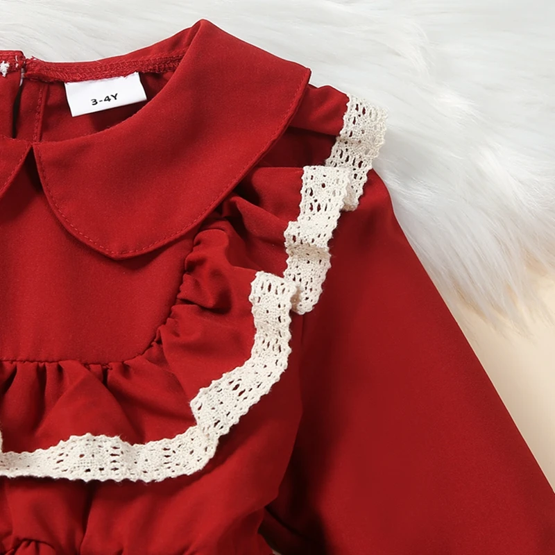 בנות חג המולד להתלבש ילדים לקצץ תחרה שרוול ארוך פן קולר שמלת מיני חמוד צוואר עגול Ruched שמלה . ' - ' . 1