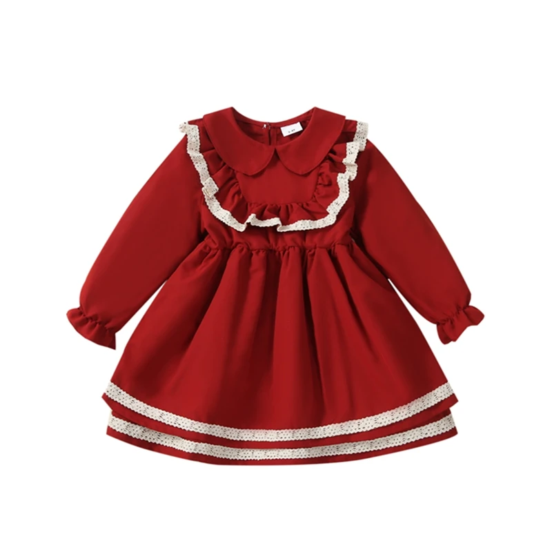 בנות חג המולד להתלבש ילדים לקצץ תחרה שרוול ארוך פן קולר שמלת מיני חמוד צוואר עגול Ruched שמלה . ' - ' . 4