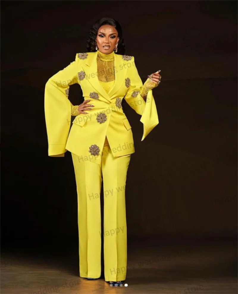 קריסטל צהוב נשים במשרד חליפות סט 2 חלקים חתונה חליפות בלייזר+מכנסיים שמלה לנשף פיצול שרוולים רשמית המעיל בהזמנה אישית . ' - ' . 1