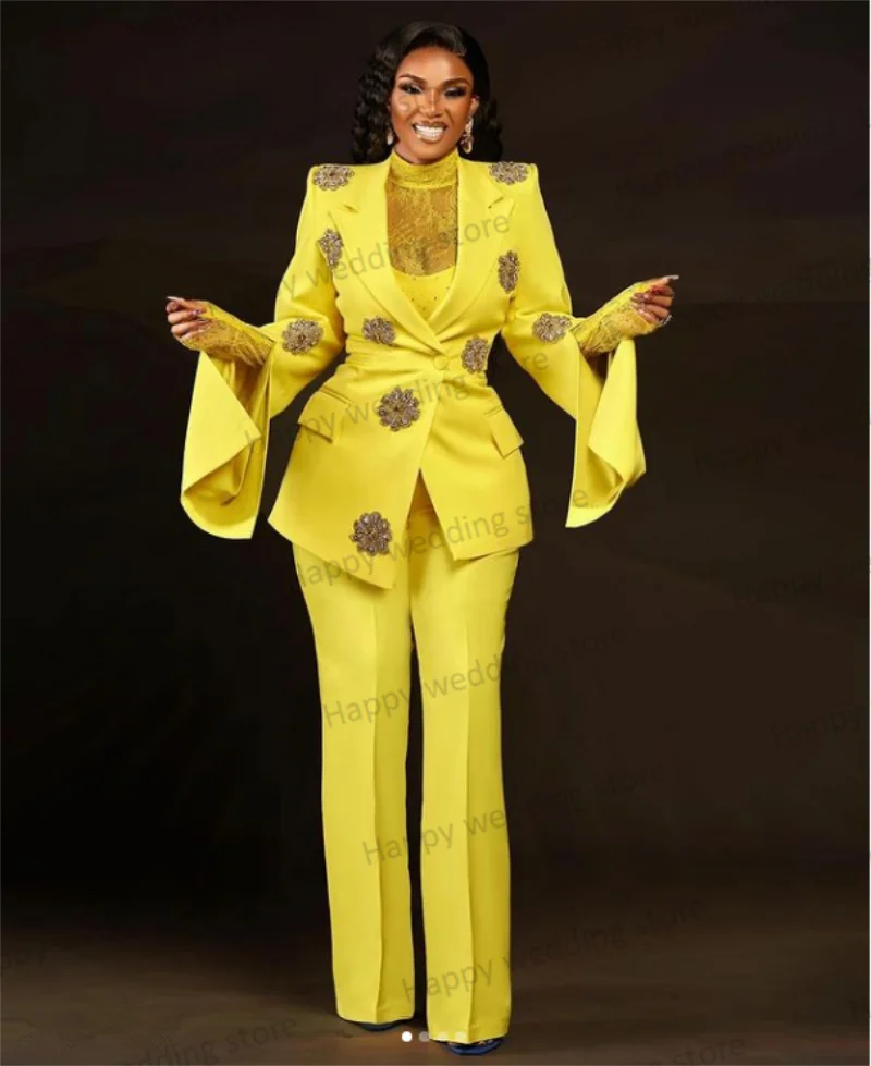 קריסטל צהוב נשים במשרד חליפות סט 2 חלקים חתונה חליפות בלייזר+מכנסיים שמלה לנשף פיצול שרוולים רשמית המעיל בהזמנה אישית . ' - ' . 2