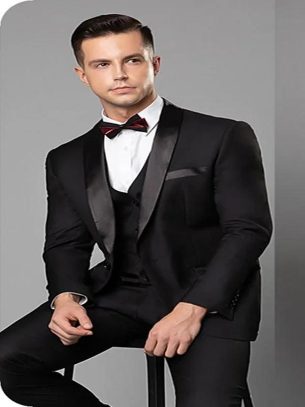 שחור קלאסי לגברים חליפה וצעיף דש בלייזר עסקית רשמית החתונה החתן terno masculino Slim Fit חליפת טוקסידו (ז ' קט+אפוד+מכנסיים) . ' - ' . 1