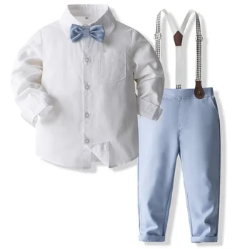 4Piece להגדיר אביב סתיו תינוק בגדי אופנה ג ' נטלמן שרוול ארוך חולצות+מכנסיים+עניבה+רצועות הילדים בוטיק בגדים BC2459-1
