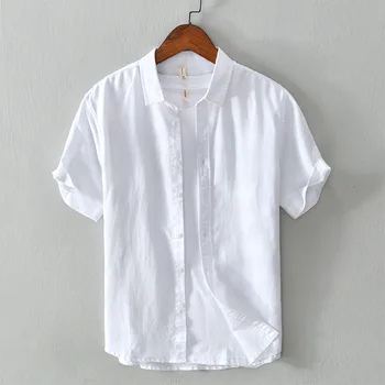 566 גברים דש המשרד לעסקים חולצות קיץ מוצק צבע כותנה פשתן מזדמן Workwear לנשימה כל-התאמה זכר עם שרוולים קצרים