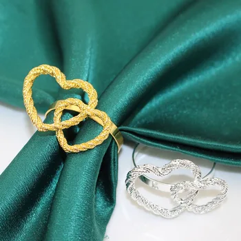 6Pcs לב כפול טבעות מפיות מחזיק זהב מפיות אבזם עבור יום האהבה יום האם מסיבות חתונה קישוט שולחן HB07