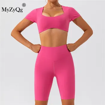 MyZyQg קיץ 2 יח ' יוגה קצרים להגדיר שרוול קצר חולצות היופי בחזרה, רץ מהר יבש ספורט שני חלקים חליפת מכנסיים חותלות