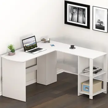 SHW בצורת L המשרד הביתי עץ בפינת השולחן, לבן