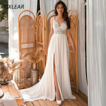 TIXLEAR מודרני V-צוואר שמלת החתונה אפליקציות תחרה ללא משענת שרוולים באורך רצפת שמלת כלה אשליה Vestidos דה נוביה חדש