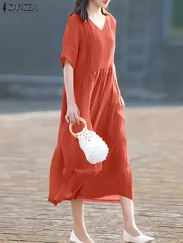 ZANZEA 2023 אופנה הקיץ החלוק מוצק V-צוואר שמלות שרוול קצר החג שמלת קיץ נשים קפול כיס מזדמן חופשי שמלת מקסי