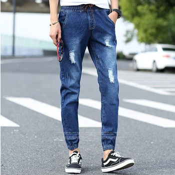 אביב קיץ כחול ג 'ינס קרועים גברים אופנת רחוב אצן ג' ינס מכנסי שרוך קרסול-אורך Mens הרמון מכנסיים ג ' ין בתוספת גודל 5XL