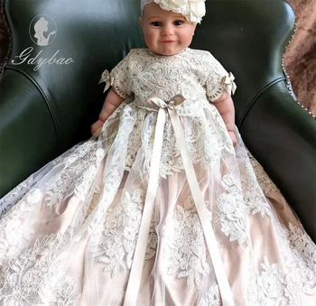 בייבי בנות הטבילה שמלת נסיכה חרוזים מסיבת יום הולדת ללבוש פעוטה תחרה בגד ההטבלה התינוק Neue מדשן משובח