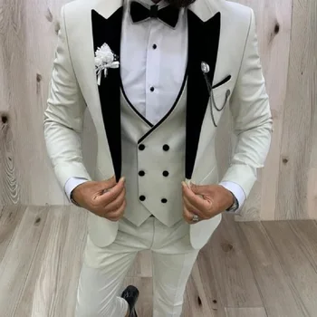 גברים Slim Fit חליפות חתונה 3 חתיכה החתן טוקסידו עסקי אופנה שיא דש בלייזר עם כפול עם חזה אפוד מכנסיים