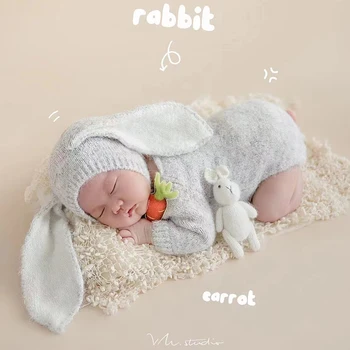 היילוד צילום סרוג בגדים אוזן ארנב כובע+סט בגד גוף של בעלי חיים חמודים תלבושת בובה לתינוק פוטושוט צילום תינוקות אביזרים