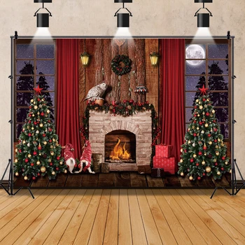 חורף חג המולד צילום רקע קמין עץ חג המולד עץ, לוח קומה וילון הירח התינוק דיוקן רקע צילום סטודיו