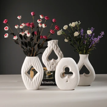 נורדי קרמיקה לבן אגרטל יצירתי חלול צורת אמנות סלון פרחים מיובשים סידור פרחים אביזרים השיש אגרטל