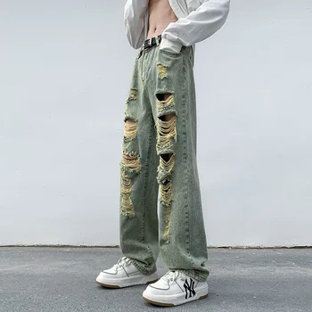 סגנון אמריקאי רחוב קרע ישר ג ' ינס Mens Slim Fit במצוקה שטף מכנסיים יוניסקס חלול החוצה Y2k היפ הופ מכנסיים df