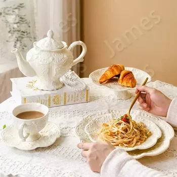 ספלי תה ותחתיות קרמיקה צלחות ארוחת ערב בסגנון אירופאי כוס קפה שולחן תה סיר מסעדה מגש ביתי קלאסי רטרו