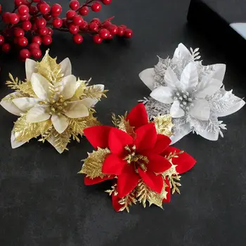 עץ חג המולד פרח קישוט נוצץ חג המולד פרחים מלאכותיים קישוטי נצנצים עלים זהב כסף צבעים עבור חג המולד