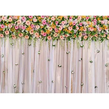פרחים ורודים וילון צילומי רקע רקע מותאם אישית עבור יום האהבה חתונה, ילדים, יום הולדת Photocall חובב צילום