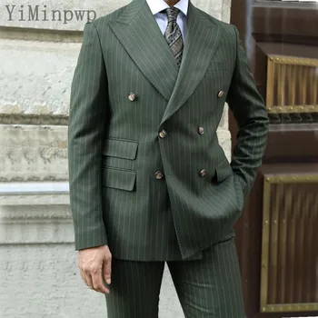 צייד ירוק פסים רשמית חליפות לגברים לשיא דש כפול בעלות עסקים חליפת חתונה בלייזר סטים 2 חתיכות ג ' קט+מכנסיים