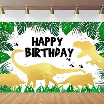 צילום רקע ג ' ונגל ספארי חיות מסיבת יום הולדת דינוזאורים לבנים יער עלים ירוקים זהב נצנצים רקע תפאורה