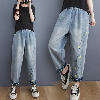 קיץ חדשה סגנון אומנויות נשים אלסטי המותניים חופשי קרסול-אורך כותנה מכנסי ג 'ינס וינטג' רקמה, פרח ג ' ינס מקרית