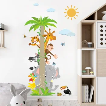 קיר מדבקת חיות עץ קוקוס מצוירים בסלון הילדים הביתה קישוט קיר
