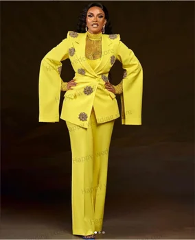 קריסטל צהוב נשים במשרד חליפות סט 2 חלקים חתונה חליפות בלייזר+מכנסיים שמלה לנשף פיצול שרוולים רשמית המעיל בהזמנה אישית