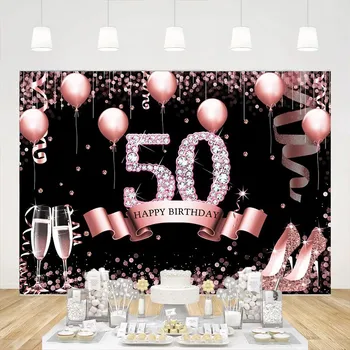 רוז זהב שמח. יום הולדת 50 רקע נשים נצנצים, יהלומים עקבים גבוהים רקע חמישים שנה המסיבה המדהימה קישוט באנר