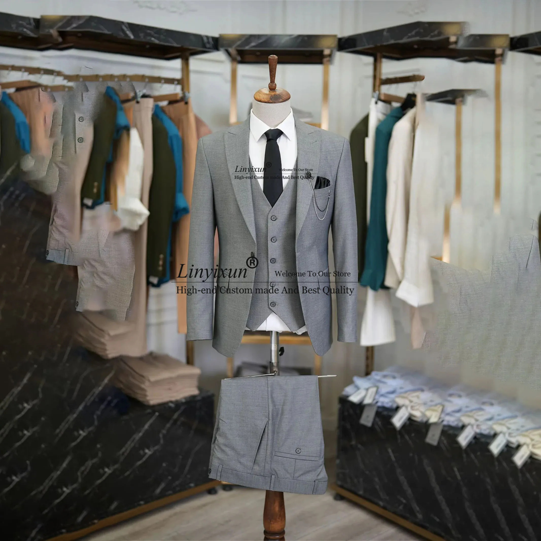 רשמית גריי חליפות גברים לשיא דש חתן חתונה חליפות סלים מתאים לעסקים זכר הנשף בלייזרס גבר 3 חתיכות סטים תחפושת Homme . ' - ' . 0