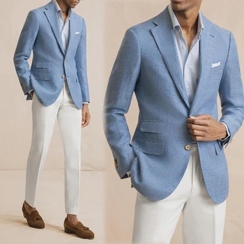 אנשים מודרניים של חליפות המותאמות 2 חלקים כחול בלייזר מכנסיים לבנים יחיד עם חזה החתונה לשיא דש רשמית בהזמנה אישית בתוספת גודל
