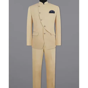 אפריקה חליפות גברים שמפניה אחת עם חזה עומד דש 2 חתיכת ז ' קט מכנסיים רגילים בלייזר Slim Fit Terno Masculinos Completo