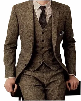 טוויד חום גברים חליפות 3 חלקים רשמית חליפת העסקים מותאם אישית מוגדר עדין-Mens החתן שמלת החתונה בלייזר החליפה(ז ' קט+מכנסיים+וסט)